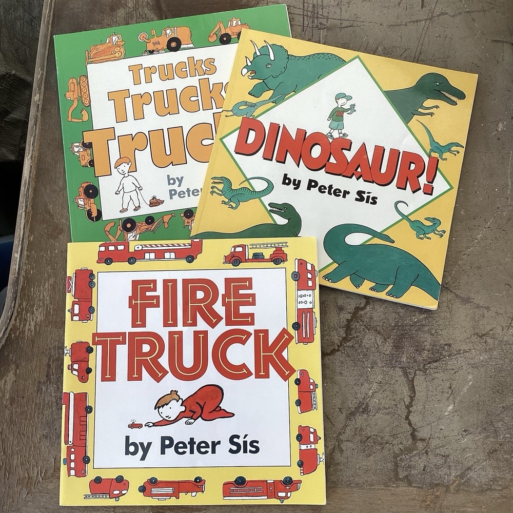Lot Of 3 Peter Sis Books Trucks, Trucks, Trucks-Dinosaur!-Fire Truck Paperback